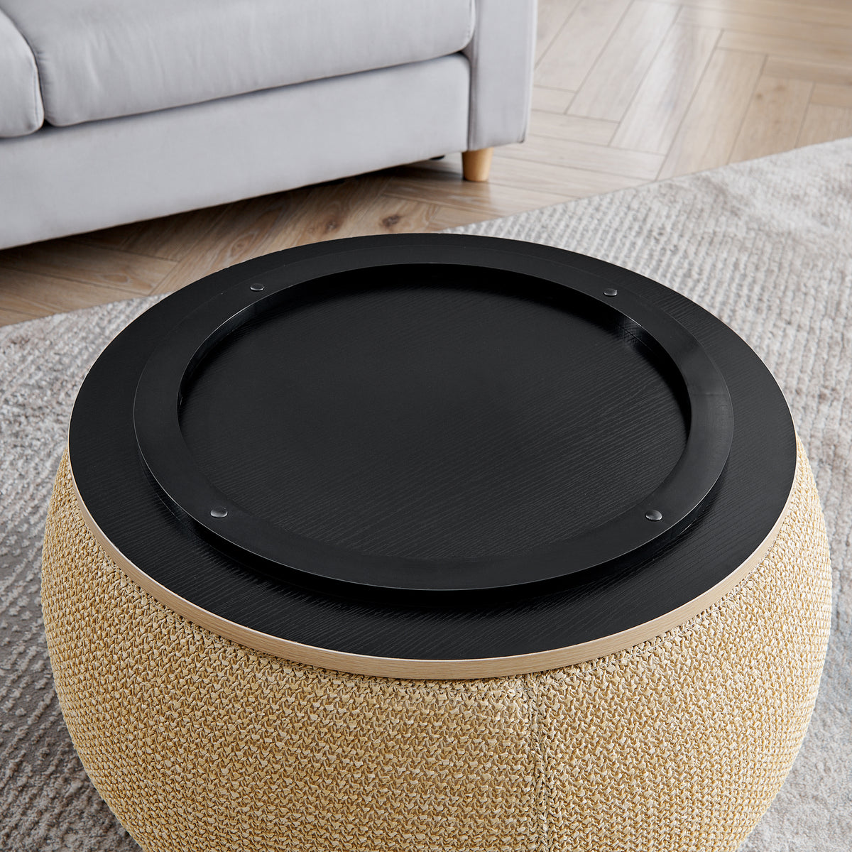 Round Storage Ottoman, 2 in 1 Function, Work as End table and Ottoman,with small seat,Natural