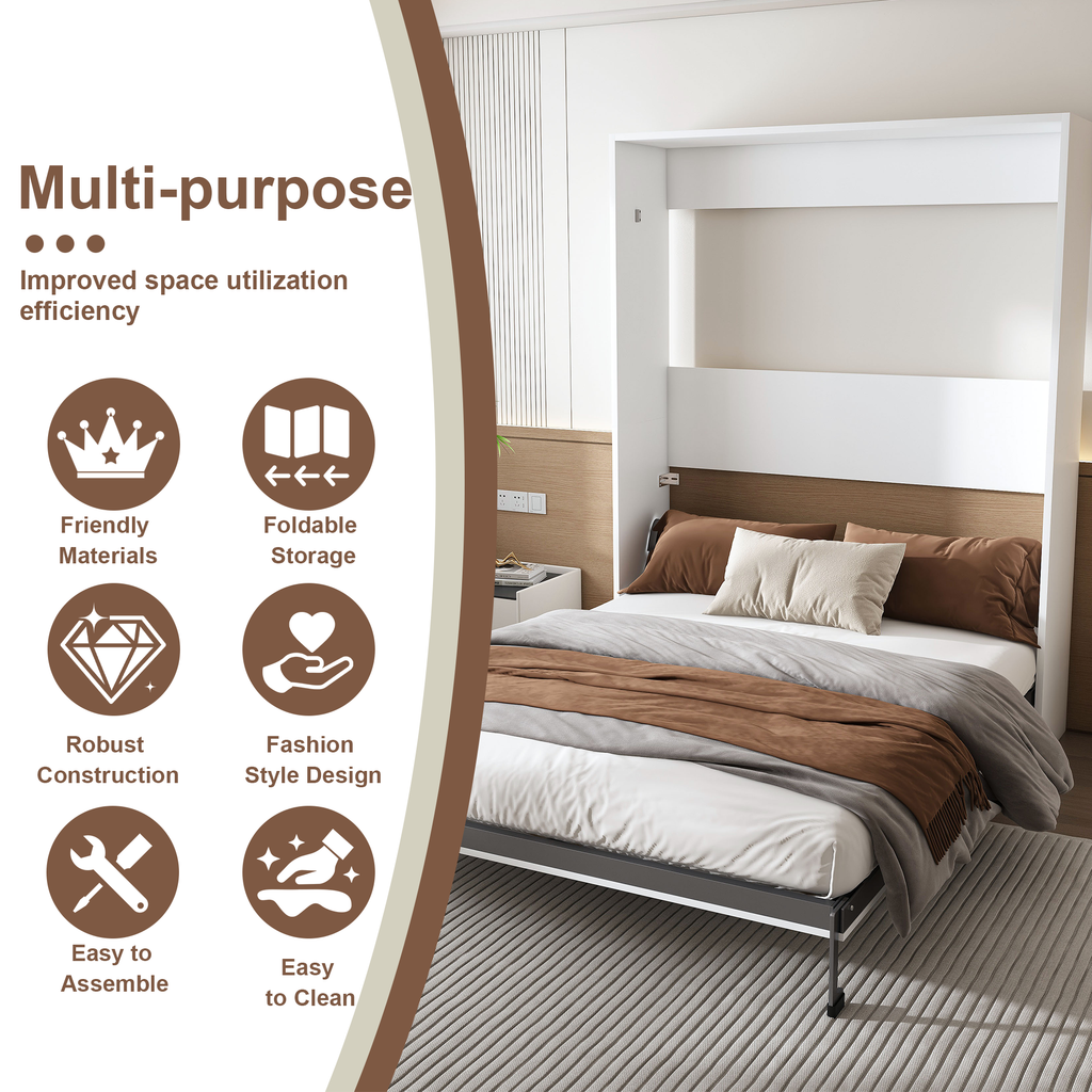 NYBOPAVIS Queen Murphy bed, 65-inch foldable wall bed with metal bed frame, solid wood support slats Multifunctional Storage Cabinet Bed for Bedroom, Guest Room, Office,White