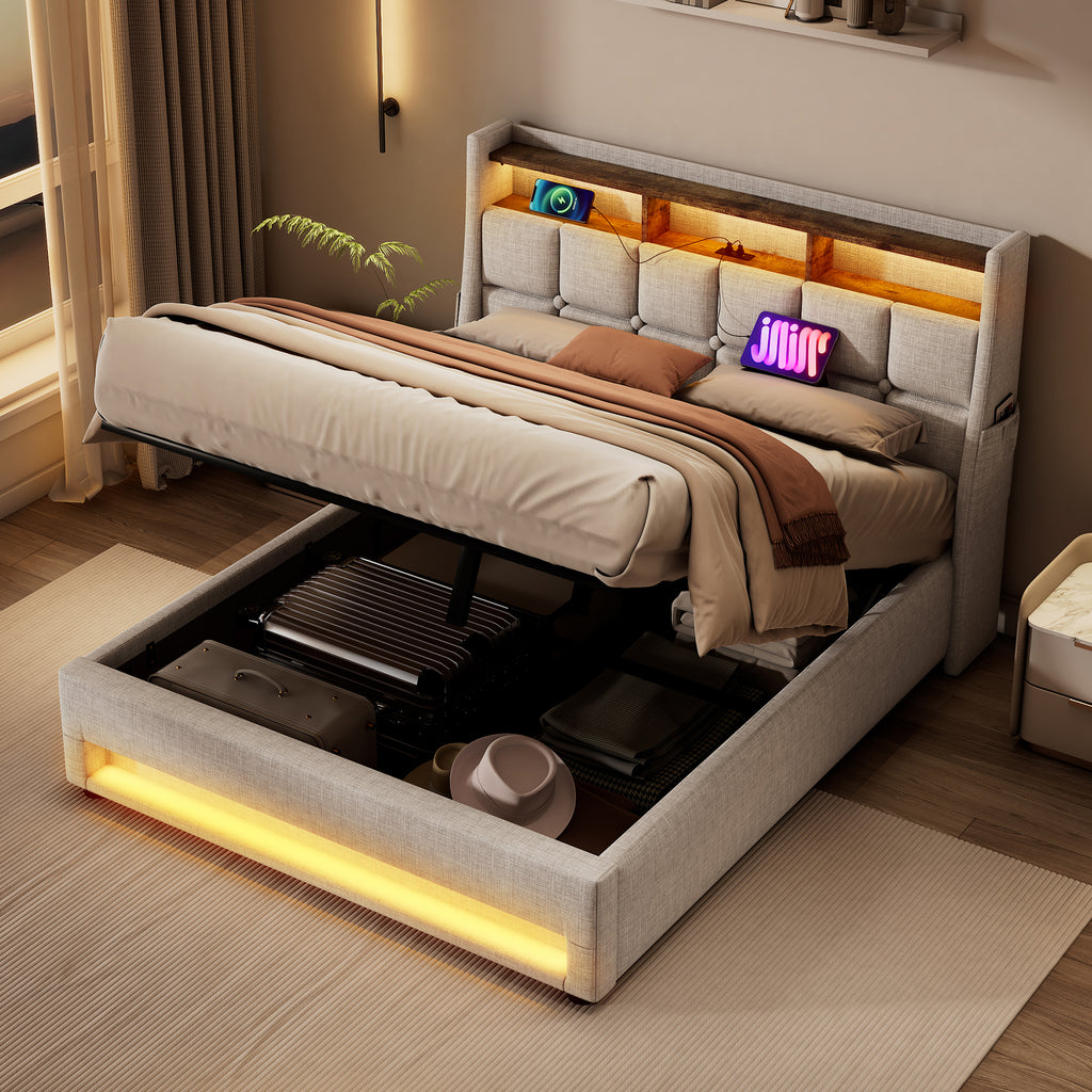NYBOPAVIS Full Size Upholstered Bed Frame with Lift Up Hydraulic Storage, USB Charging & LED Lighting, Wooden Platform Bed, Natural