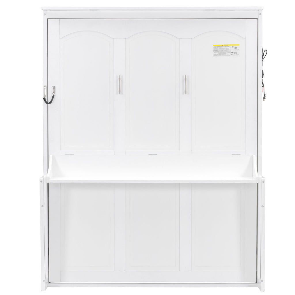 Queen Size Murphy Bed with Desk,LED Lights and USB Charging Station,White
