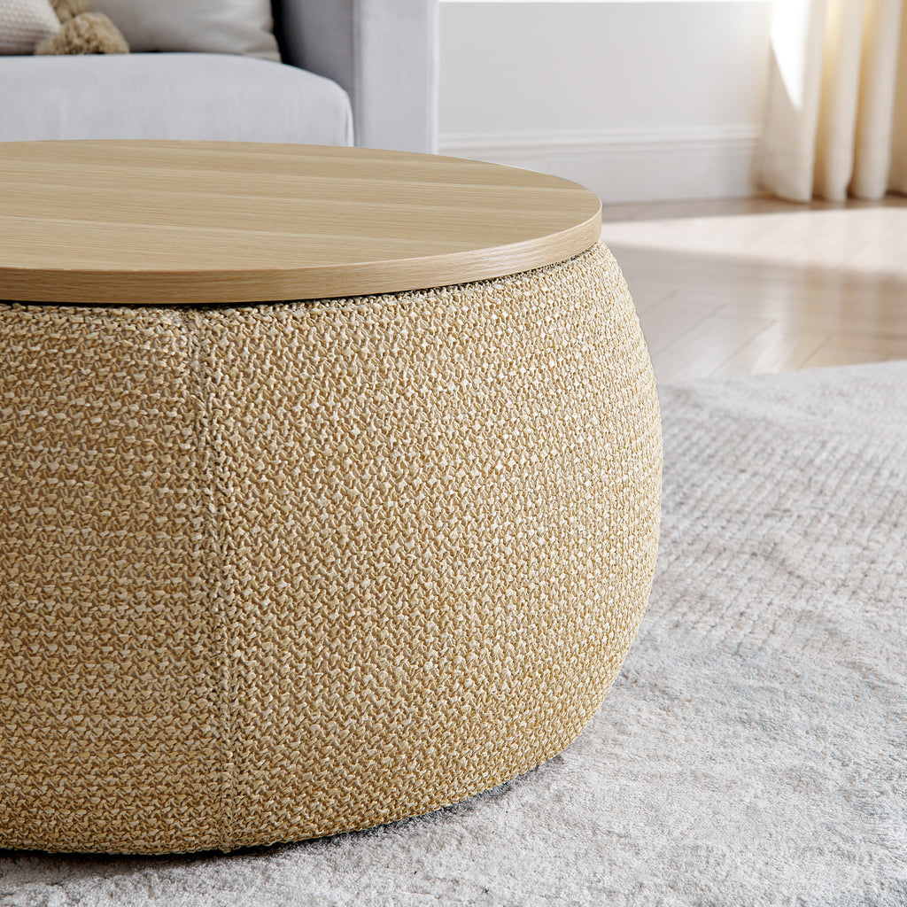 Round Storage Ottoman, 2 in 1 Function, Work as End table and Ottoman,with small seat,Natural