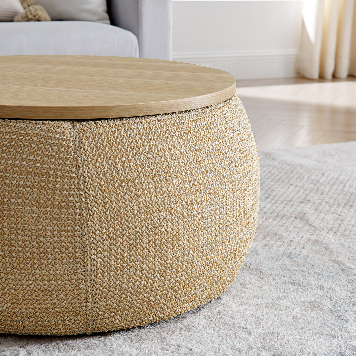 Round Storage Ottoman, 2 in 1 Function, Work as End table and Ottoman,with small seat,Natural