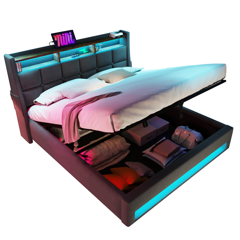 NYBOPAVIS Queen Size Upholstered Bed Frame with Lift Up Hydraulic Storage, USB Charging & LED Lighting, Wooden Platform Bed, Grey