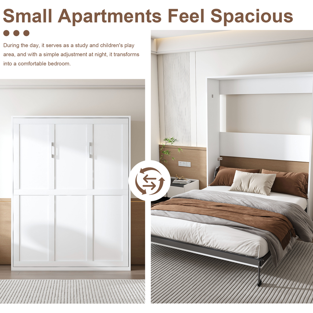 NYBOPAVIS Queen Murphy bed, 65-inch foldable wall bed with metal bed frame, solid wood support slats Multifunctional Storage Cabinet Bed for Bedroom, Guest Room, Office,White