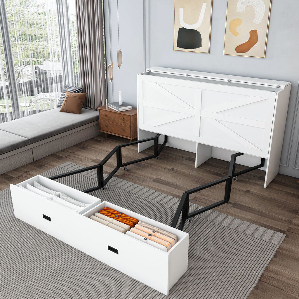 NYBOPAVIS Full Size Murphy Wall Bed with Drawer, USB Ports and Mattress, Folding Storage Wall Bed Furniture with Swivel Casters for Bedroom, Office, Guest Room, White