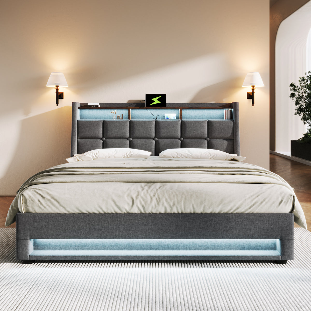NYBOPAVIS Queen Size Upholstered Bed Frame with Lift Up Hydraulic Storage, USB Charging & LED Lighting, Wooden Platform Bed, Grey