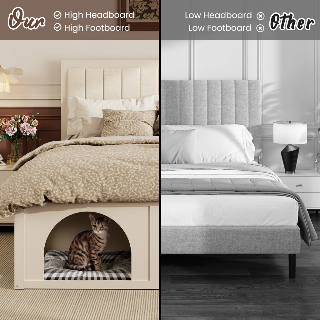 NYBOPAVIS Queen Size Bed Frame with Nook & Storage,Upholstered Platform Bed for Bedroom,Office,Guest Room, Beige