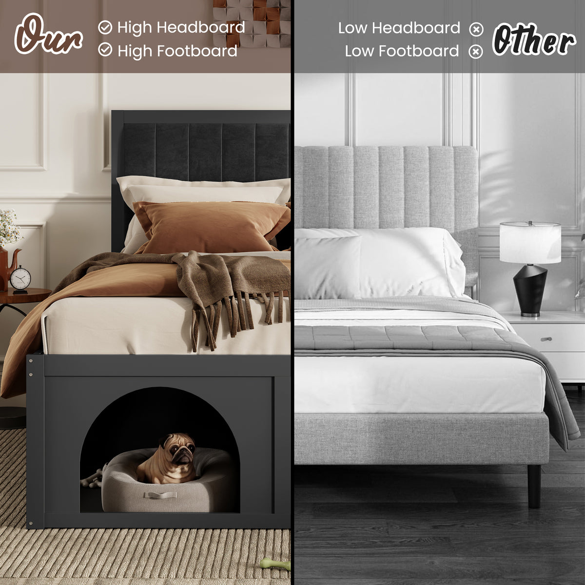 NYBOPAVIS Queen Size Bed Frame with Nook & Storage,Upholstered Platform Bed for Bedroom,Office,Guest Room, Black