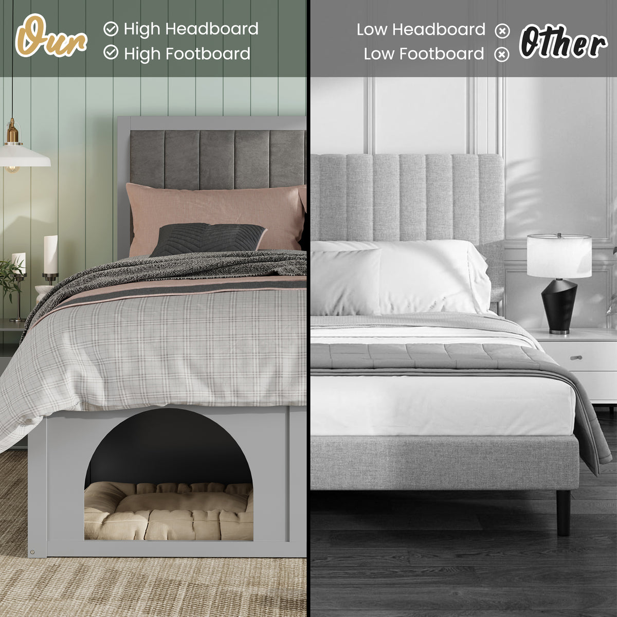 NYBOPAVIS Queen Size Bed Frame with Nook & Storage,Upholstered Platform Bed for Bedroom,Office,Guest Room, Light Grey