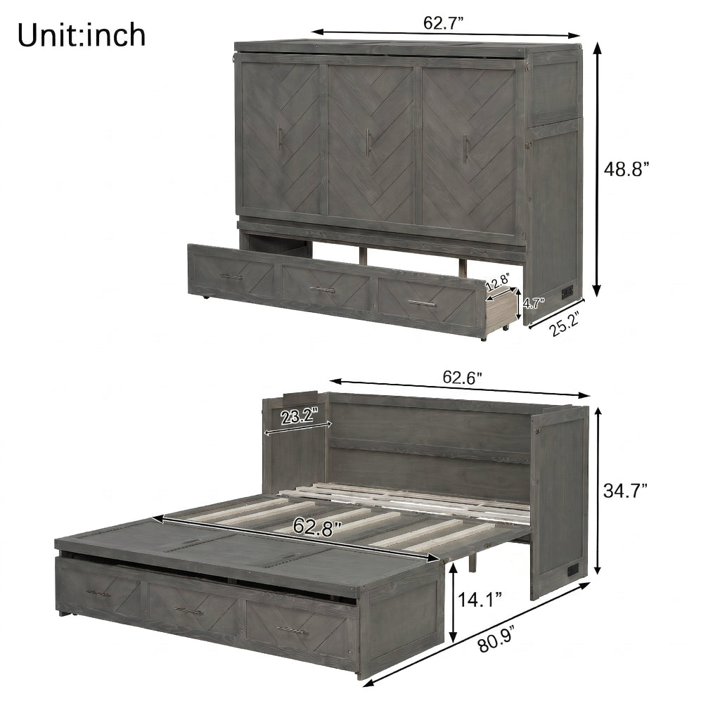 Queen Size Murphy Bed with Charging Station and 3 Storage Drawers, Pine Wood Folding Cabinet Bed, Equipped with 6 Moving Wheels, Space-Saving Hidden Wall Bed for Guest Room, Home Office,Grey