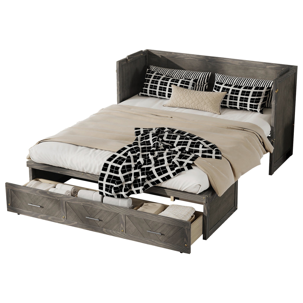 Queen Size Murphy Bed with Charging Station and 3 Storage Drawers, Pine Wood Folding Cabinet Bed, Equipped with 6 Moving Wheels, Space-Saving Hidden Wall Bed for Guest Room, Home Office,Grey