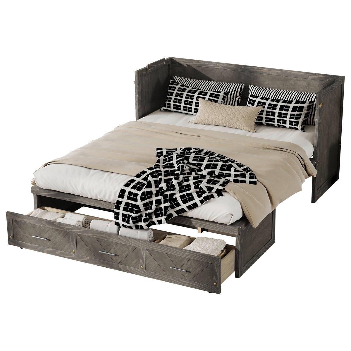 Queen Size Murphy Bed with Charging Station and 3 Storage Drawers, Pine Wood Folding Cabinet Bed, Equipped with 6 Moving Wheels, Space-Saving Hidden Wall Bed for Guest Room, Home Office,Grey