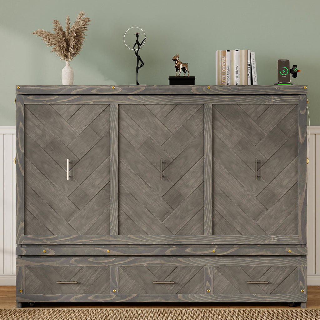 Queen Size Murphy Bed with Charging Station and 3 Storage Drawers, Pine Wood Folding Cabinet Bed, Equipped with 6 Moving Wheels, Space-Saving Hidden Wall Bed for Guest Room, Home Office,Grey
