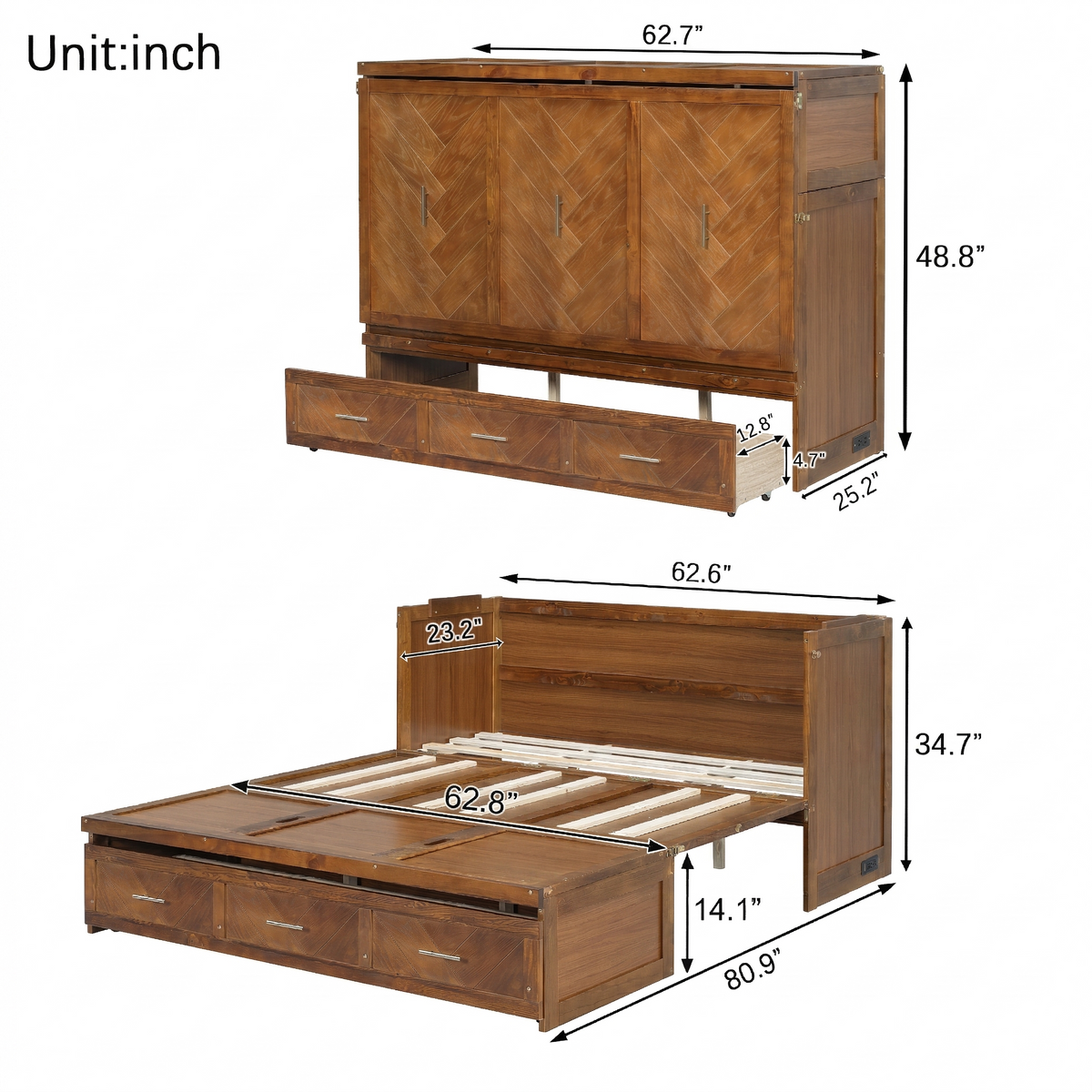 Queen Size Murphy Bed with Charging Station and 3 Storage Drawers, Pine Wood Folding Cabinet Bed, Equipped with 6 Moving Wheels, Space-Saving Hidden Wall Bed for Guest Room, Home Office,Walnut