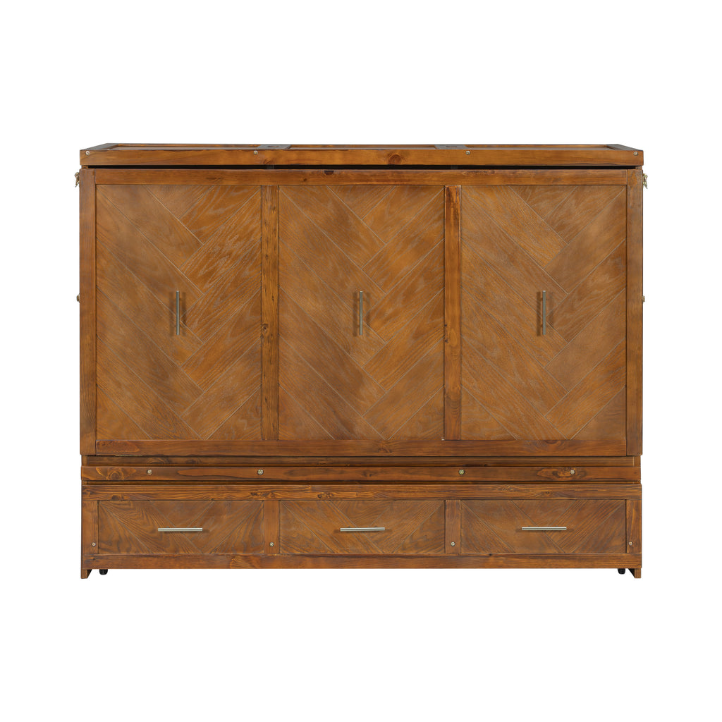 Queen Size Murphy Bed with Charging Station and 3 Storage Drawers, Pine Wood Folding Cabinet Bed, Equipped with 6 Moving Wheels, Space-Saving Hidden Wall Bed for Guest Room, Home Office,Walnut
