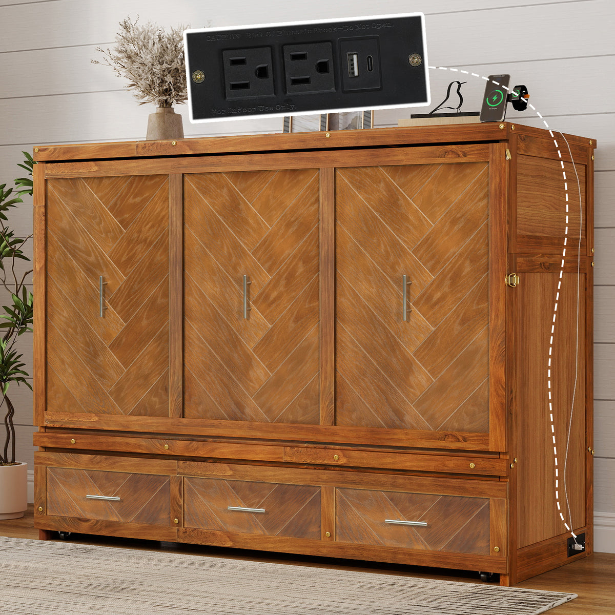 Queen Size Murphy Bed with Charging Station and 3 Storage Drawers, Pine Wood Folding Cabinet Bed, Equipped with 6 Moving Wheels, Space-Saving Hidden Wall Bed for Guest Room, Home Office,Walnut