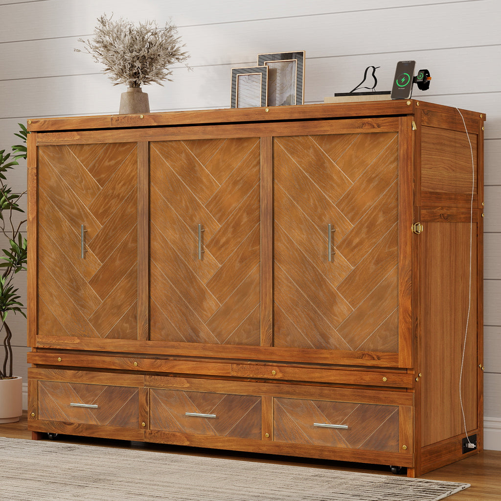 Queen Size Murphy Bed with Charging Station and 3 Storage Drawers, Pine Wood Folding Cabinet Bed, Equipped with 6 Moving Wheels, Space-Saving Hidden Wall Bed for Guest Room, Home Office,Walnut
