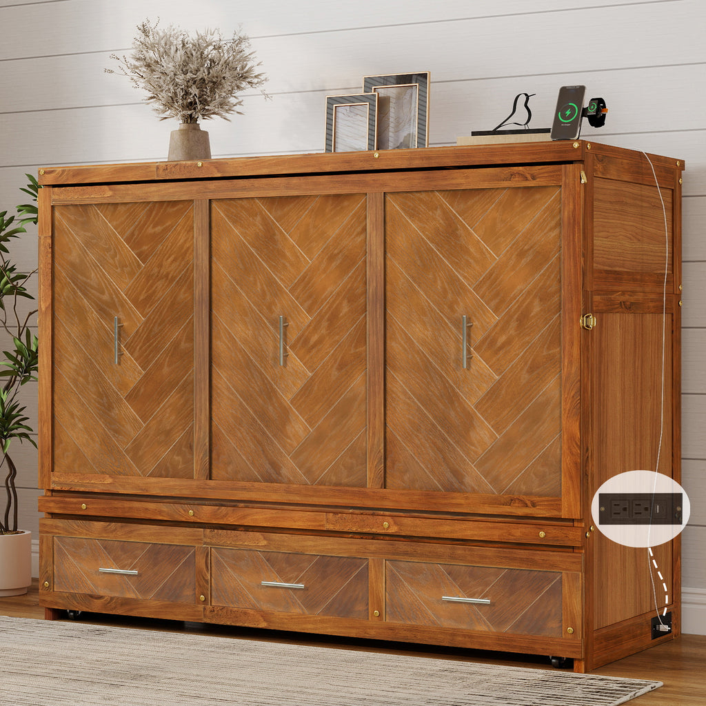 Queen Size Murphy Bed with Charging Station and 3 Storage Drawers, Pine Wood Folding Cabinet Bed, Equipped with 6 Moving Wheels, Space-Saving Hidden Wall Bed for Guest Room, Home Office,Walnut