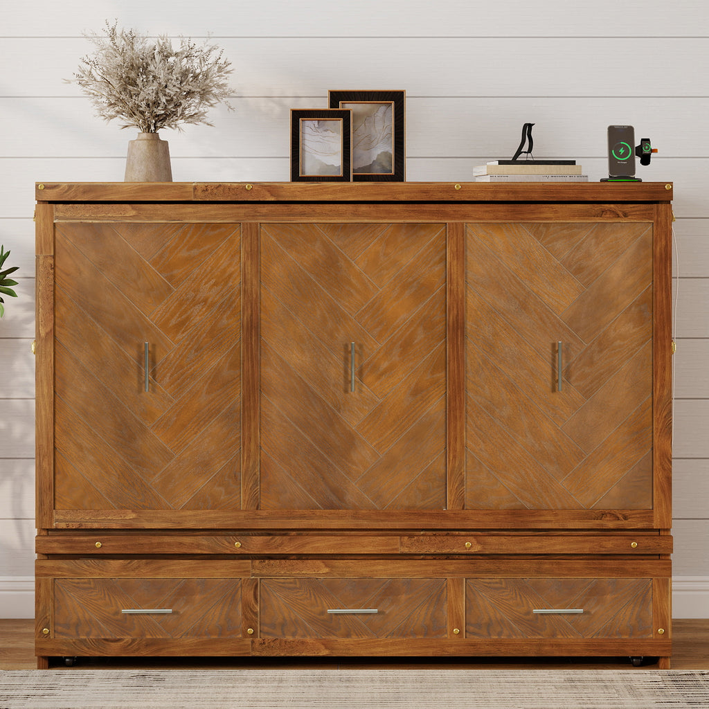 Queen Size Murphy Bed with Charging Station and 3 Storage Drawers, Pine Wood Folding Cabinet Bed, Equipped with 6 Moving Wheels, Space-Saving Hidden Wall Bed for Guest Room, Home Office,Walnut