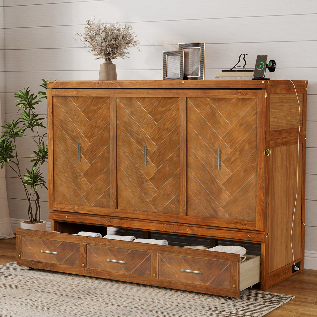 Queen Size Murphy Bed with Charging Station and 3 Storage Drawers, Pine Wood Folding Cabinet Bed, Equipped with 6 Moving Wheels, Space-Saving Hidden Wall Bed for Guest Room, Home Office,Walnut
