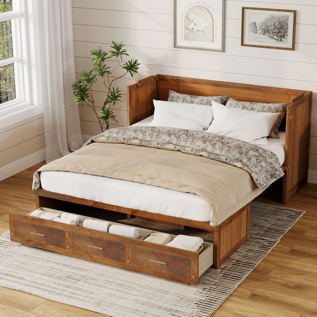 Queen Size Murphy Bed with Charging Station and 3 Storage Drawers, Pine Wood Folding Cabinet Bed, Equipped with 6 Moving Wheels, Space-Saving Hidden Wall Bed for Guest Room, Home Office,Walnut