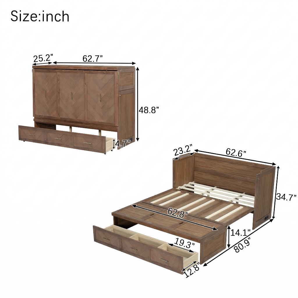Queen Size Murphy Bed with Charging Station and 3 Storage Drawers, Pine Wood Folding Cabinet Bed, Equipped with 6 Moving Wheels, Space-Saving Hidden Wall Bed for Guest Room, Home Office,Light Walnut