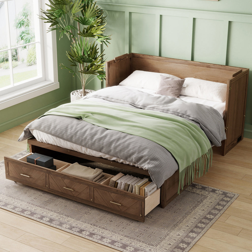 Queen Size Murphy Bed with Charging Station and 3 Storage Drawers, Pine Wood Folding Cabinet Bed, Equipped with 6 Moving Wheels, Space-Saving Hidden Wall Bed for Guest Room, Home Office,Light Walnut