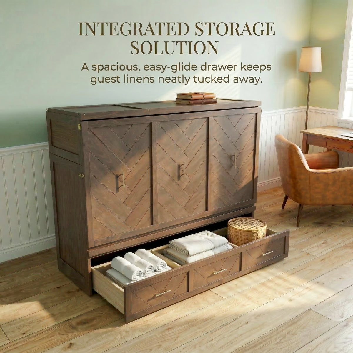 Queen Size Murphy Bed with Charging Station and 3 Storage Drawers, Pine Wood Folding Cabinet Bed, Equipped with 6 Moving Wheels, Space-Saving Hidden Wall Bed for Guest Room, Home Office,Light Walnut