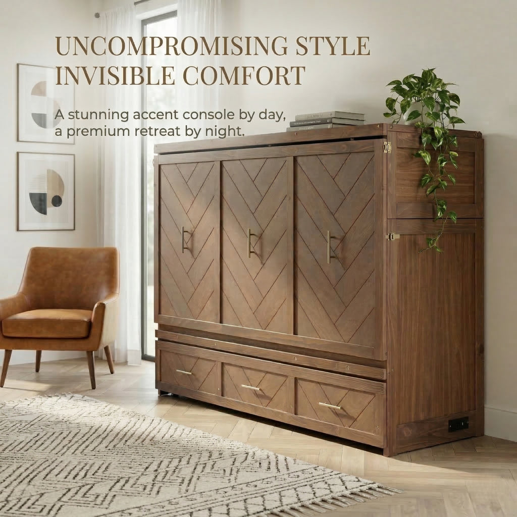 Queen Size Murphy Bed with Charging Station and 3 Storage Drawers, Pine Wood Folding Cabinet Bed, Equipped with 6 Moving Wheels, Space-Saving Hidden Wall Bed for Guest Room, Home Office,Light Walnut