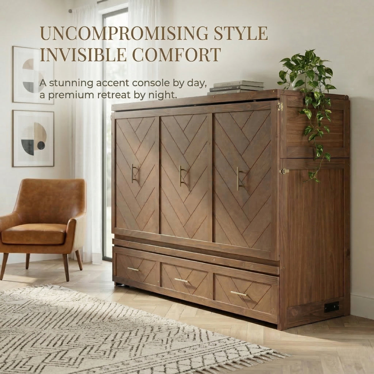 Queen Size Murphy Bed with Charging Station and 3 Storage Drawers, Pine Wood Folding Cabinet Bed, Equipped with 6 Moving Wheels, Space-Saving Hidden Wall Bed for Guest Room, Home Office,Light Walnut