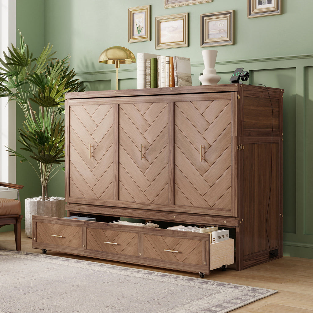 Queen Size Murphy Bed with Charging Station and 3 Storage Drawers, Pine Wood Folding Cabinet Bed, Equipped with 6 Moving Wheels, Space-Saving Hidden Wall Bed for Guest Room, Home Office,Light Walnut