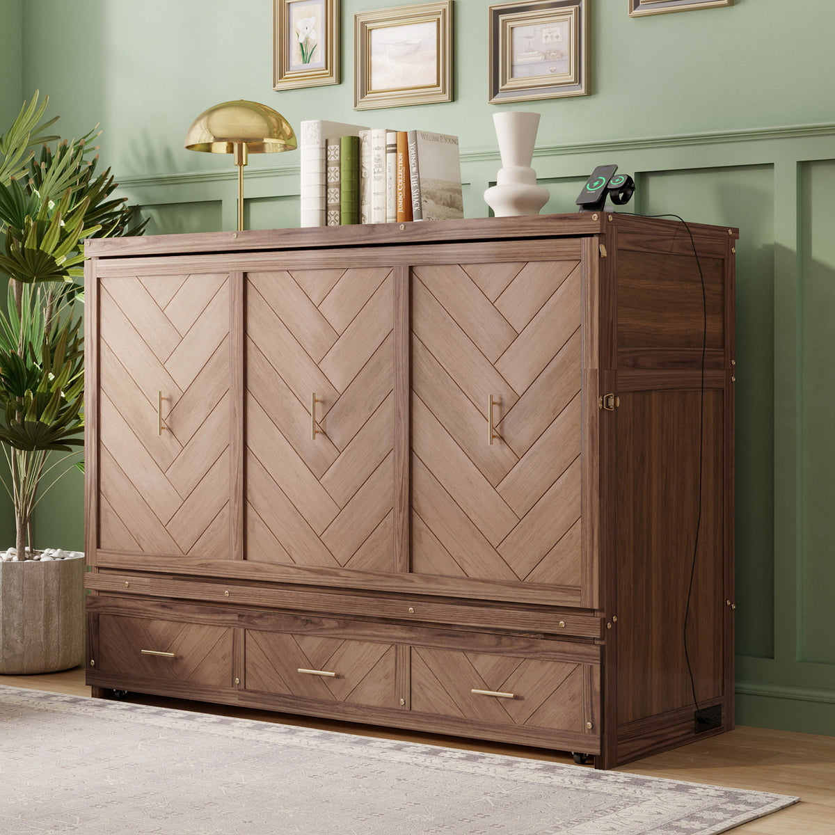 Queen Size Murphy Bed with Charging Station and 3 Storage Drawers, Pine Wood Folding Cabinet Bed, Equipped with 6 Moving Wheels, Space-Saving Hidden Wall Bed for Guest Room, Home Office,Light Walnut