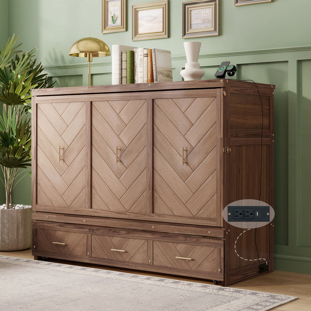 Queen Size Murphy Bed with Charging Station and 3 Storage Drawers, Pine Wood Folding Cabinet Bed, Equipped with 6 Moving Wheels, Space-Saving Hidden Wall Bed for Guest Room, Home Office,Light Walnut