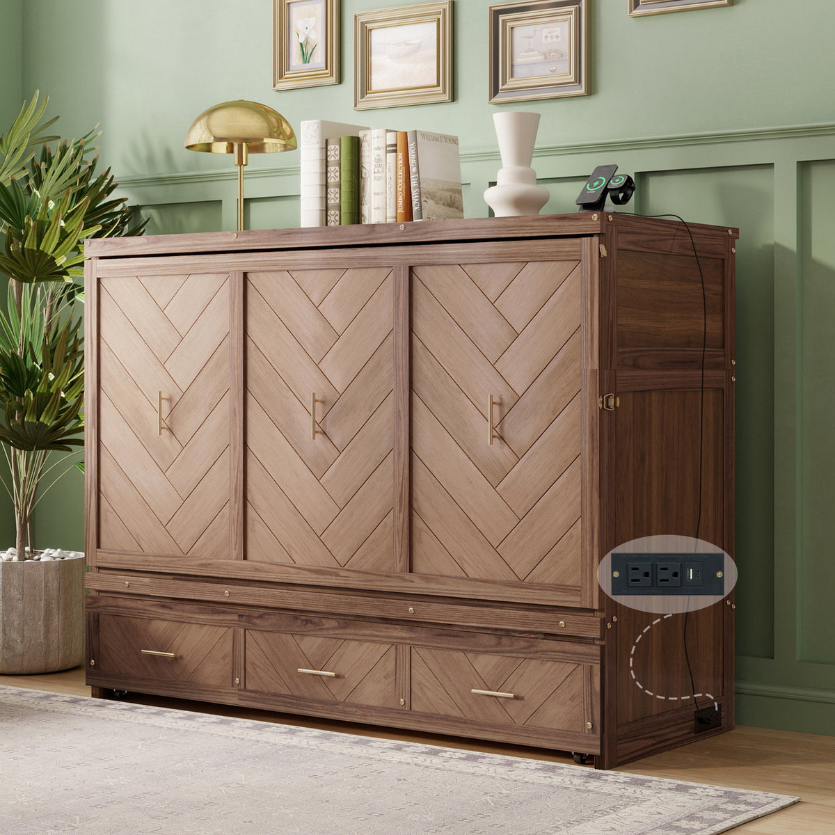 Queen Size Murphy Bed with Charging Station and 3 Storage Drawers, Pine Wood Folding Cabinet Bed, Equipped with 6 Moving Wheels, Space-Saving Hidden Wall Bed for Guest Room, Home Office,Light Walnut