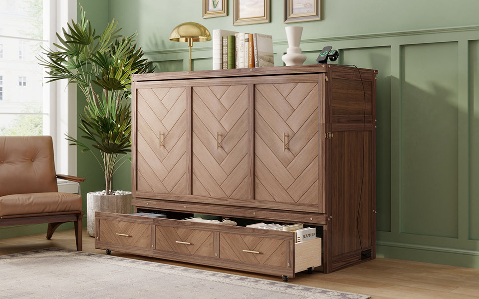 Queen Size Murphy Bed with Charging Station and 3 Storage Drawers, Pine Wood Folding Cabinet Bed, Equipped with 6 Moving Wheels, Space-Saving Hidden Wall Bed for Guest Room, Home Office,Light Walnut