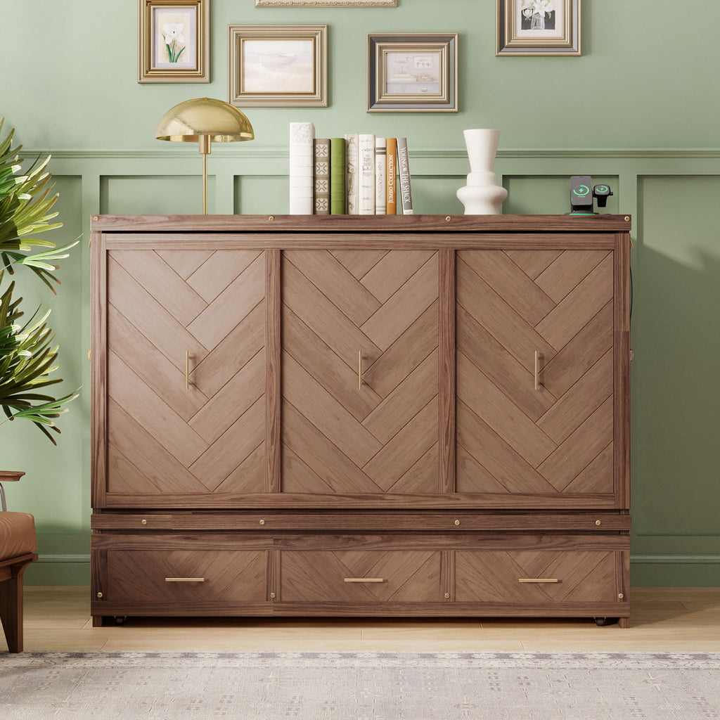 Queen Size Murphy Bed with Charging Station and 3 Storage Drawers, Pine Wood Folding Cabinet Bed, Equipped with 6 Moving Wheels, Space-Saving Hidden Wall Bed for Guest Room, Home Office,Light Walnut