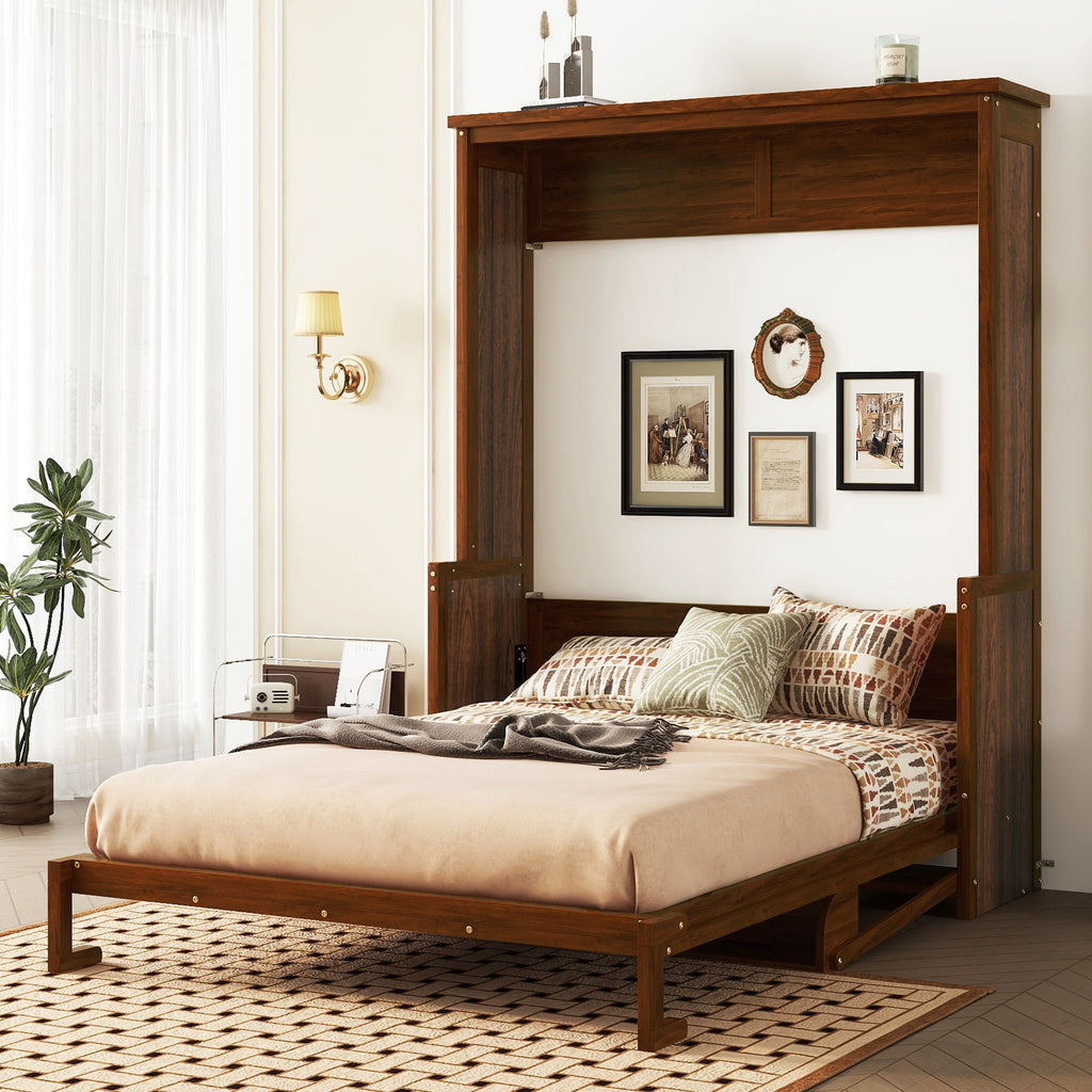 Queen Size Wooden Vertical Murphy Wall Bed with Storage & Gas Struts, Desk & Shelf Combo, Space-Saving Hidden Wall Bed for Living Room,Walnut