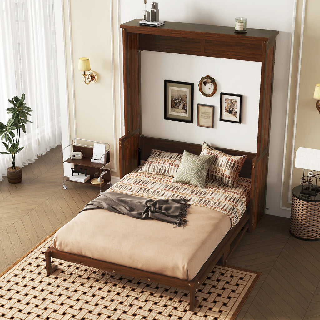 Queen Size Wooden Vertical Murphy Wall Bed with Storage & Gas Struts, Desk & Shelf Combo, Space-Saving Hidden Wall Bed for Living Room,Walnut