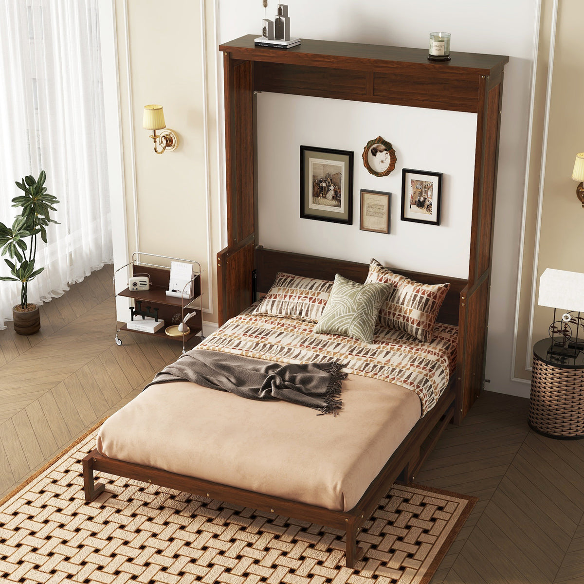 Queen Size Wooden Vertical Murphy Wall Bed with Storage & Gas Struts, Desk & Shelf Combo, Space-Saving Hidden Wall Bed for Living Room,Walnut