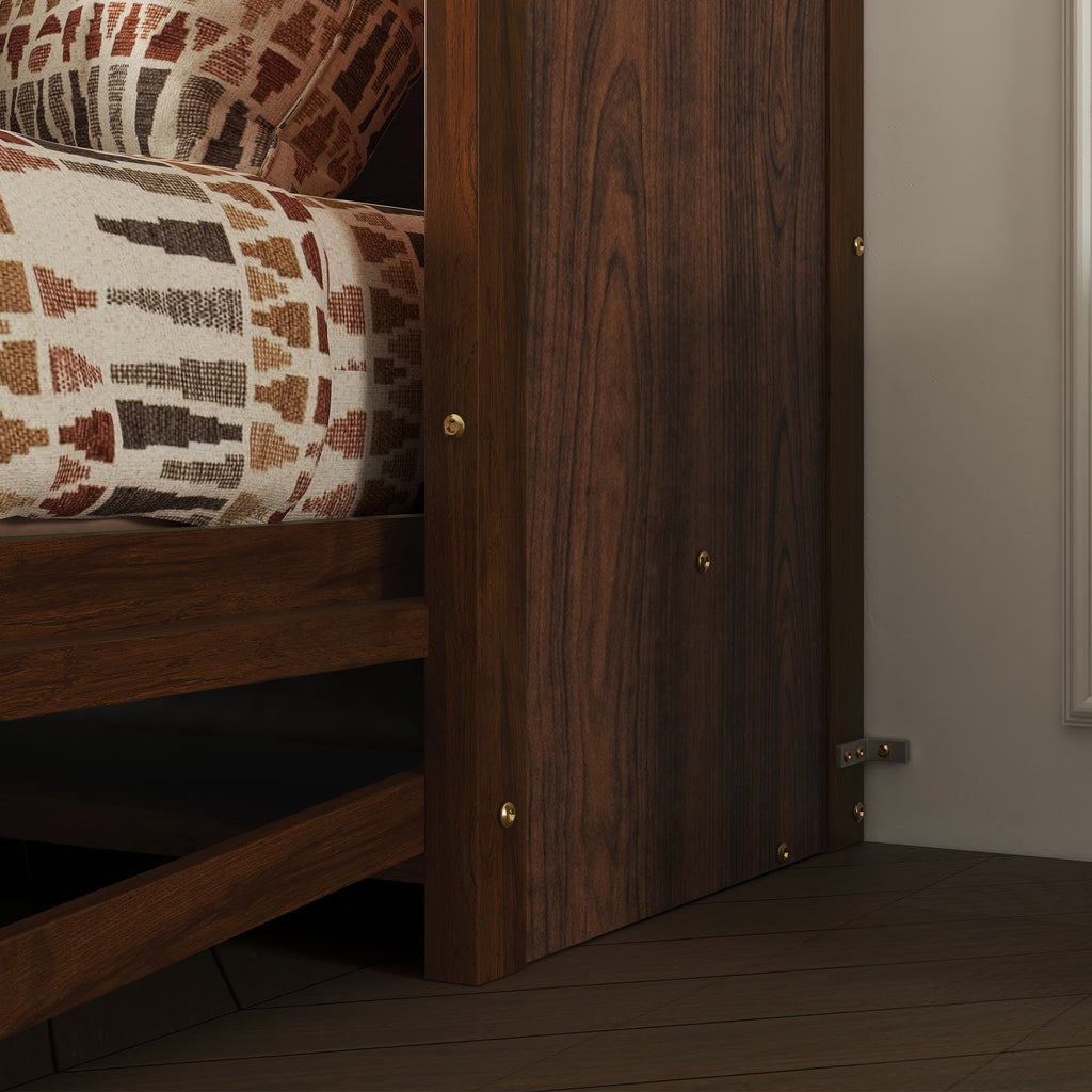 Queen Size Wooden Vertical Murphy Wall Bed with Storage & Gas Struts, Desk & Shelf Combo, Space-Saving Hidden Wall Bed for Living Room,Walnut