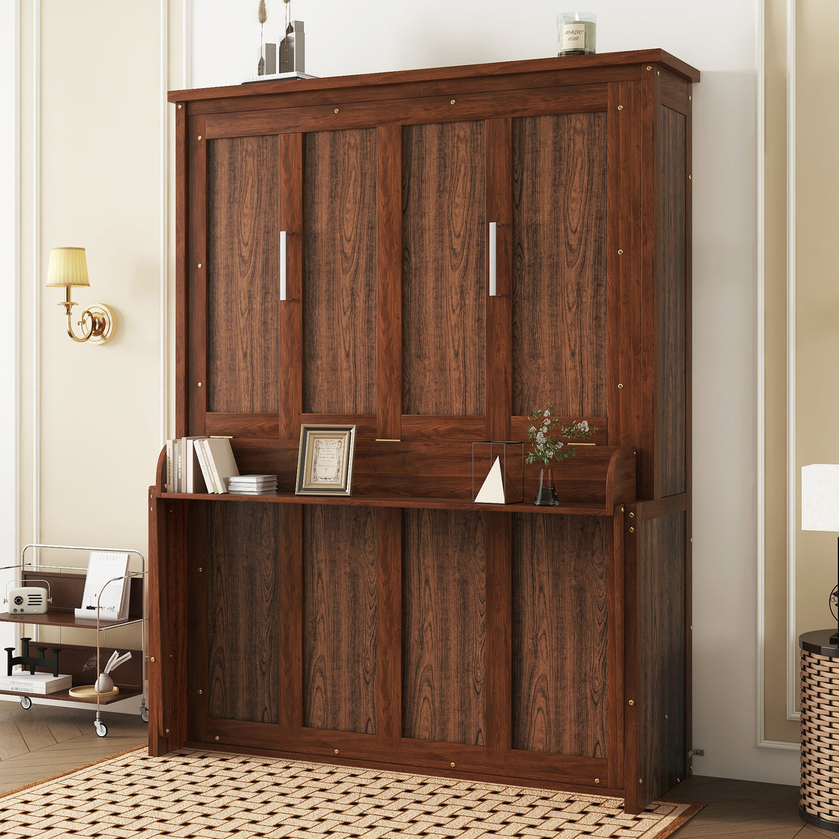 Queen Size Wooden Vertical Murphy Wall Bed with Storage & Gas Struts, Desk & Shelf Combo, Space-Saving Hidden Wall Bed for Living Room,Walnut