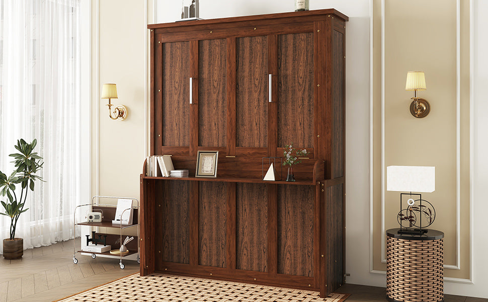 Queen Size Wooden Vertical Murphy Wall Bed with Storage & Gas Struts, Desk & Shelf Combo, Space-Saving Hidden Wall Bed for Living Room,Walnut