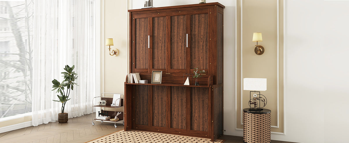 Queen Size Wooden Vertical Murphy Wall Bed with Storage & Gas Struts, Desk & Shelf Combo, Space-Saving Hidden Wall Bed for Living Room,Walnut