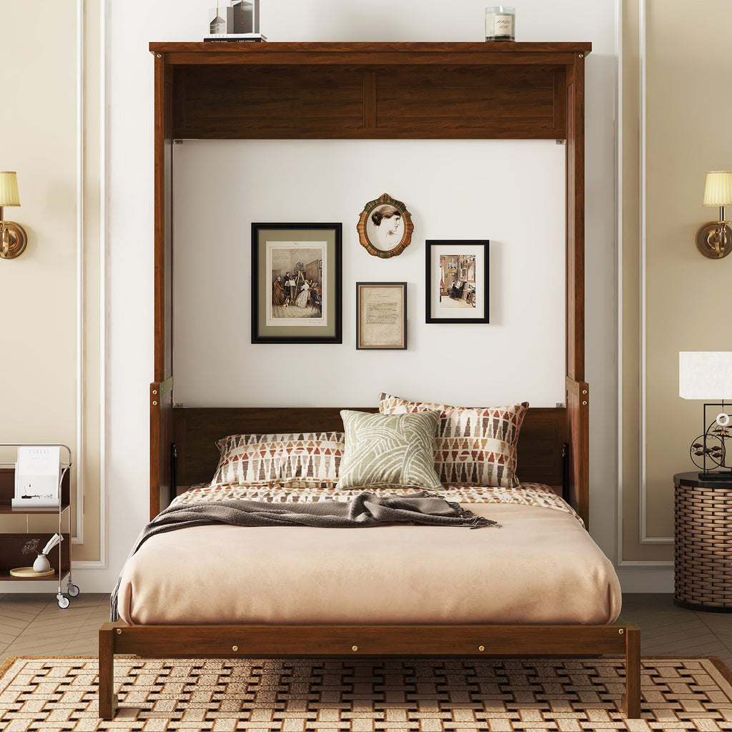 Queen Size Wooden Vertical Murphy Wall Bed with Storage & Gas Struts, Desk & Shelf Combo, Space-Saving Hidden Wall Bed for Living Room,Walnut