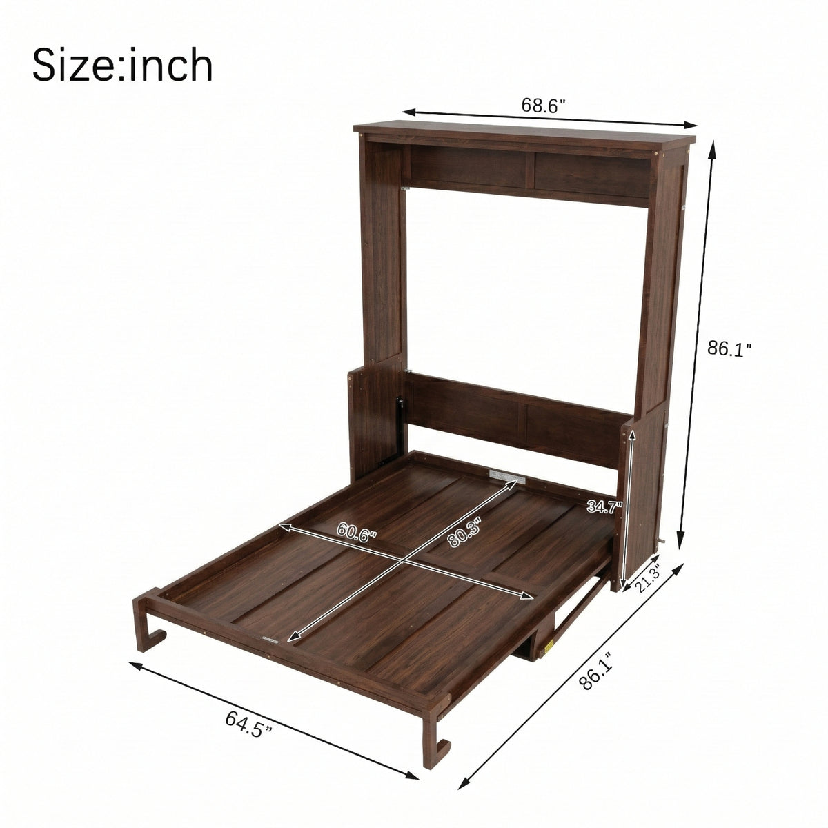 Queen Size Wooden Vertical Murphy Wall Bed with Storage & Gas Struts, Desk & Shelf Combo, Space-Saving Hidden Wall Bed for Living Room,Walnut