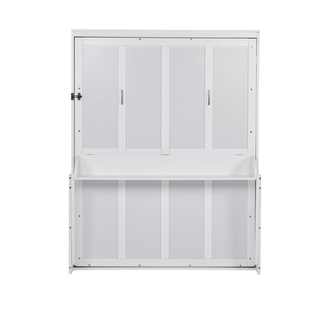 Queen Size Wooden Vertical Murphy Wall Bed with Storage & Gas Struts, Desk & Shelf Combo, Space-Saving Hidden Wall Bed for Living Room,White