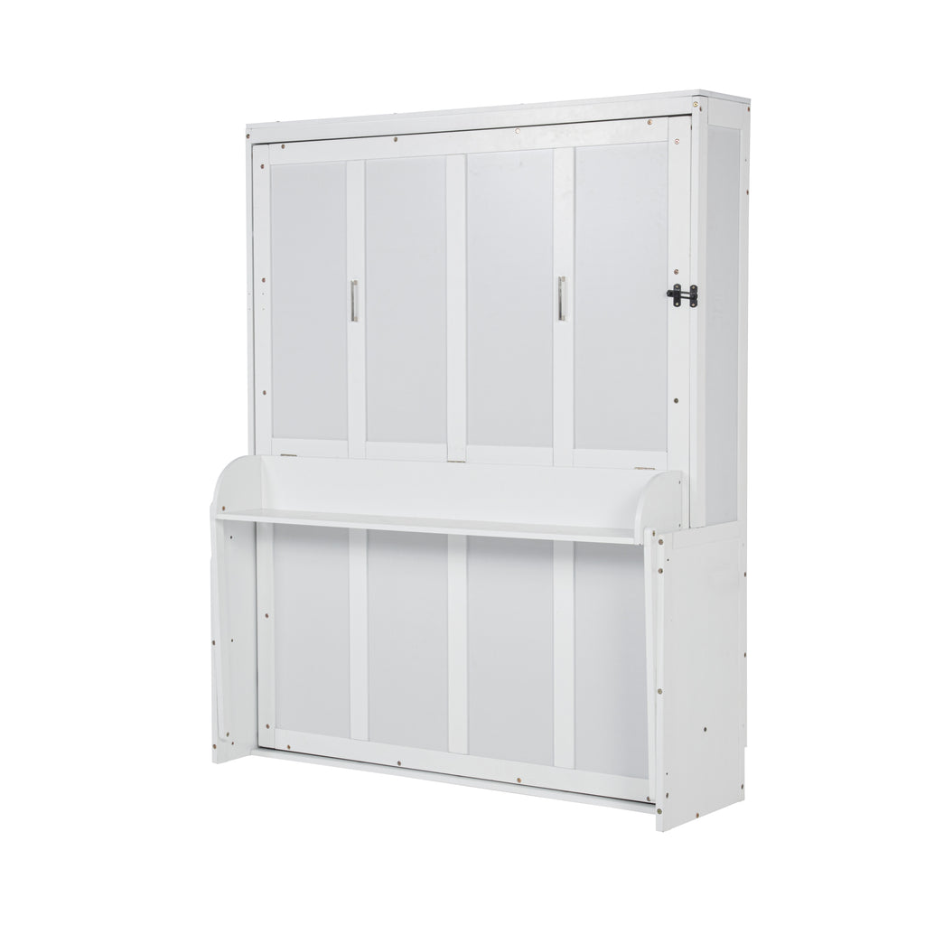 Queen Size Wooden Vertical Murphy Wall Bed with Storage & Gas Struts, Desk & Shelf Combo, Space-Saving Hidden Wall Bed for Living Room,White
