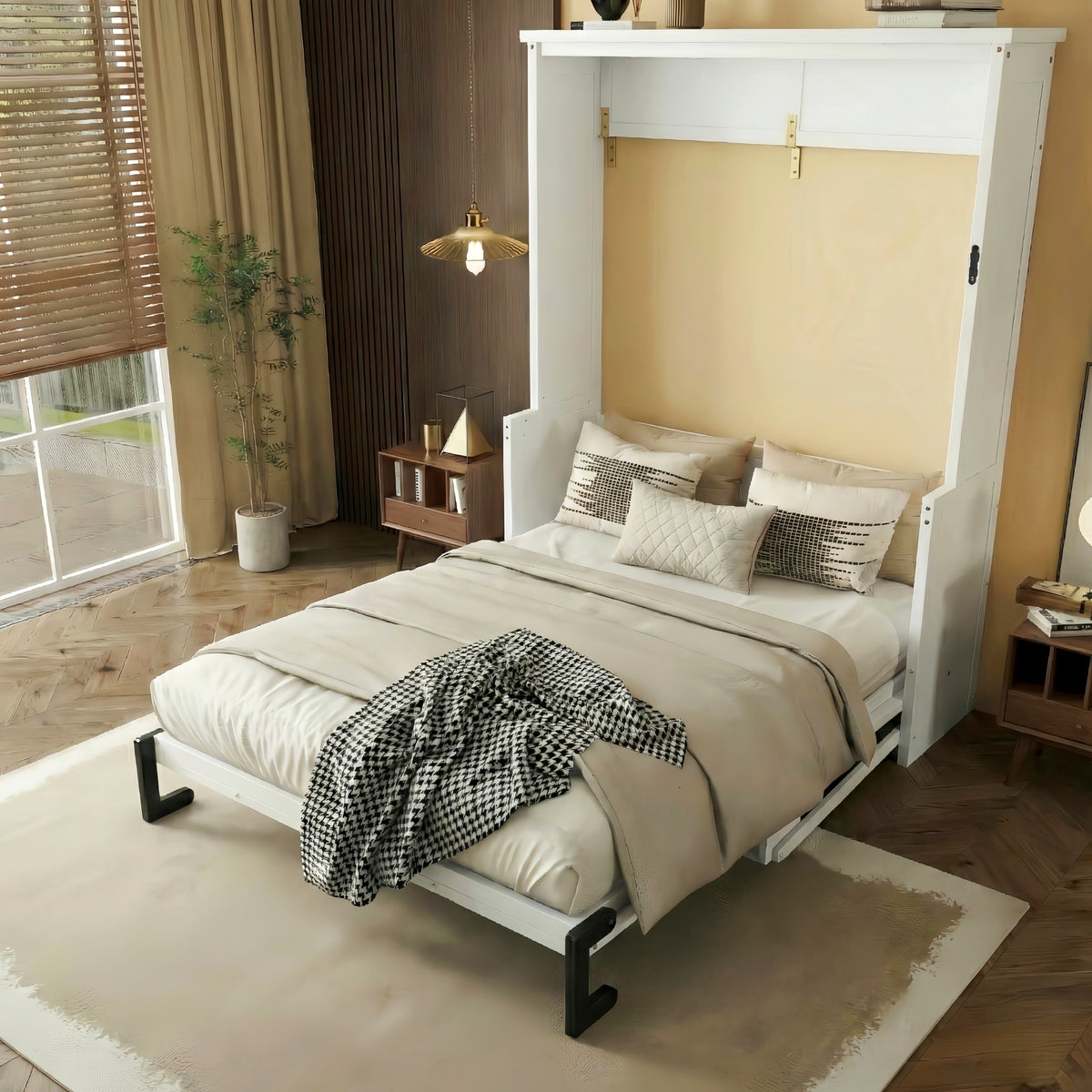 Queen Size Wooden Vertical Murphy Wall Bed with Storage & Gas Struts, Desk & Shelf Combo, Space-Saving Hidden Wall Bed for Living Room,White