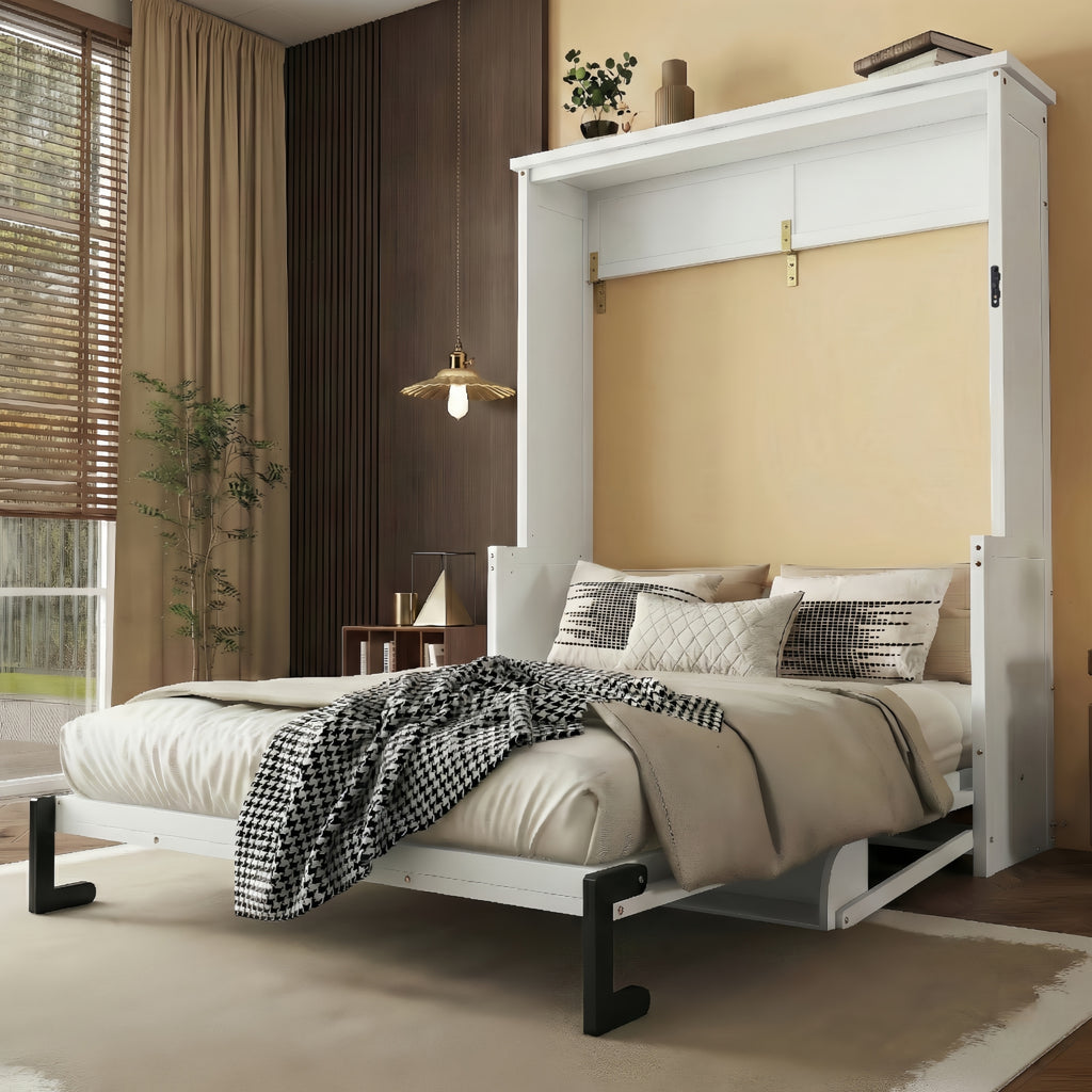 Queen Size Wooden Vertical Murphy Wall Bed with Storage & Gas Struts, Desk & Shelf Combo, Space-Saving Hidden Wall Bed for Living Room,White