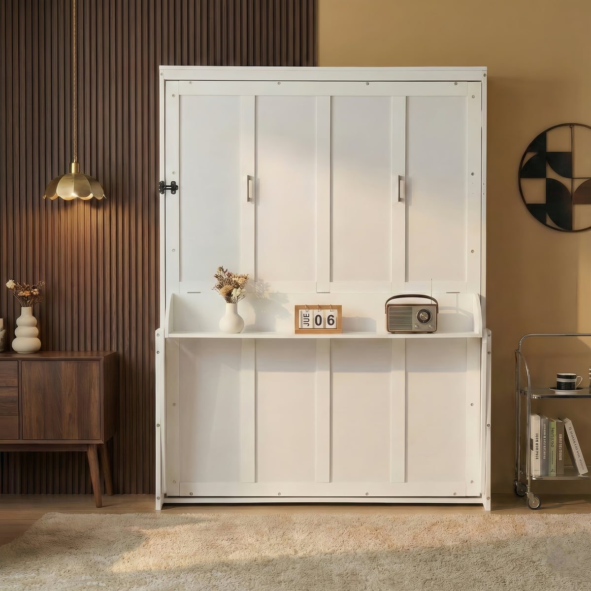 Queen Size Wooden Vertical Murphy Wall Bed with Storage & Gas Struts, Desk & Shelf Combo, Space-Saving Hidden Wall Bed for Living Room,White